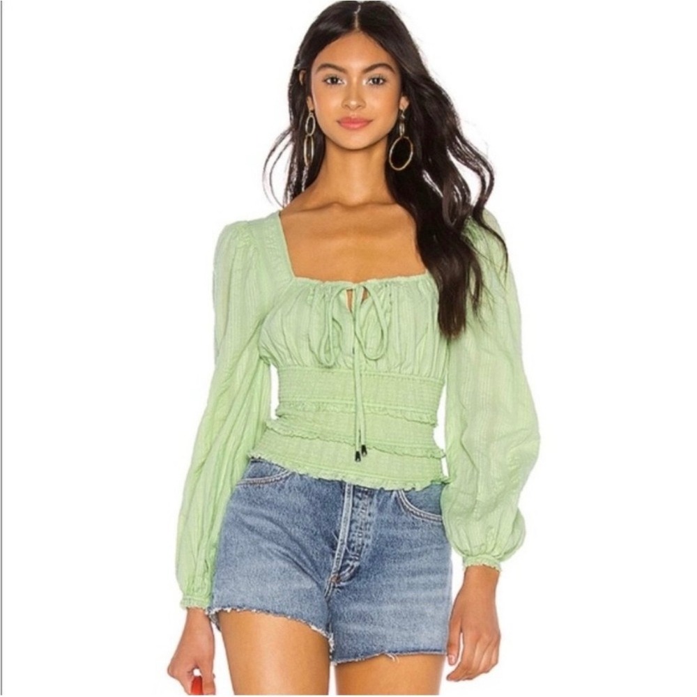 Free People 100% Cotton Green Puff Sleeve Smocked Lolita‎ Peasant Top Size Small
